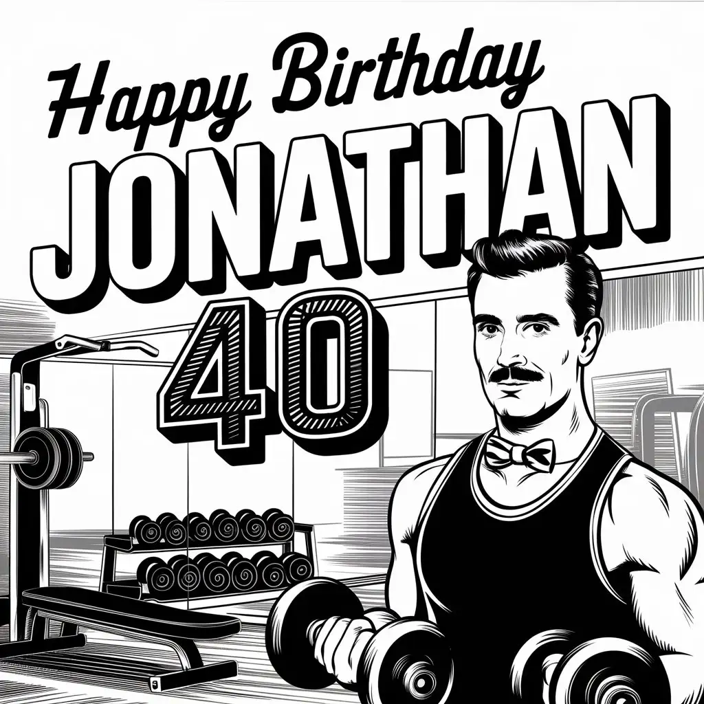 Black and White Laser Engraving Template for Happy Birthday Jonathan 40 in Retro Fitness Studio Style