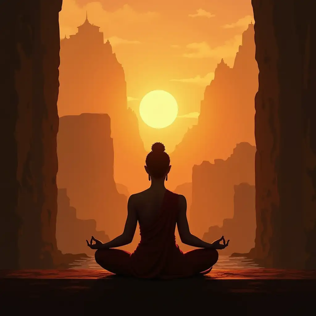 NAMASTE, I BOW TO YOU. WITH AN IMAGE OF A SILHOUETTE MEDITATING IN THE BACKGROUND