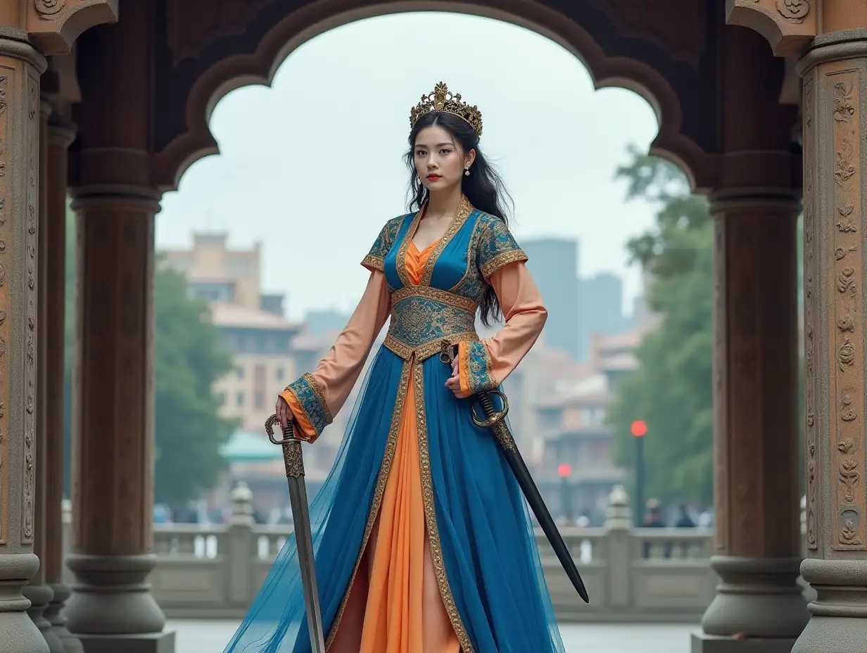 a woman dressed in traditional Chinese clothing. She is standing in front of an ornate archway with intricate carvings and pillars. The woman is wearing a long, flowing blue and orange dress with gold accents. She has a crown on her head and is holding a sword in her right hand. Her hair is styled in loose waves and she has a serious expression on her face. The background is a cityscape with buildings and trees. The overall mood of the image is peaceful and serene.