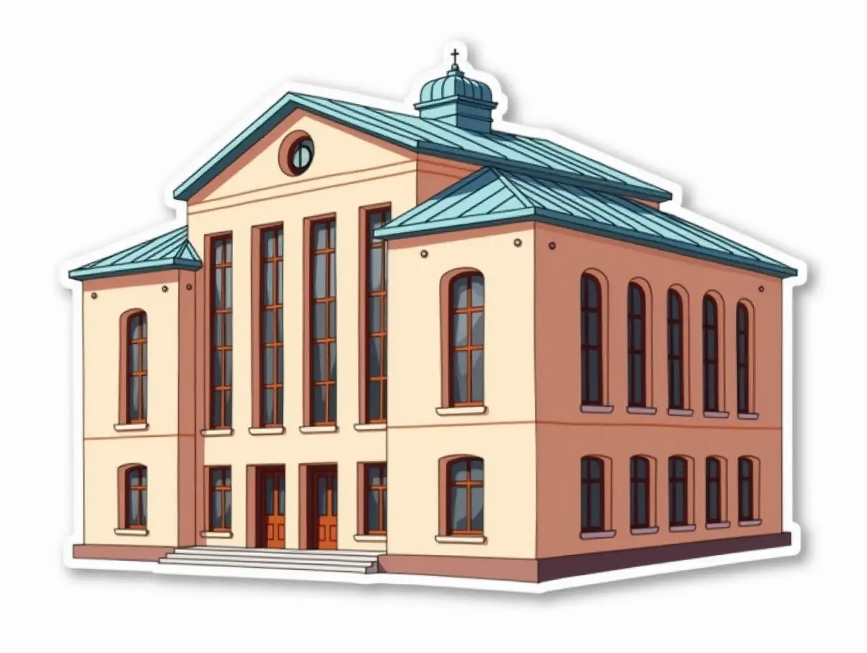 a curved cut-out laminated sticker with an image a wide and tall 4-storey building of light peach color with large windows in the style of a Stalinist Empire state institution. The central part of the facade of the building with 5 tall windows protrudes forward, a light blue metal roof with round ventilation outlets. cut sticker design, high resolution, white background, paint in anime style