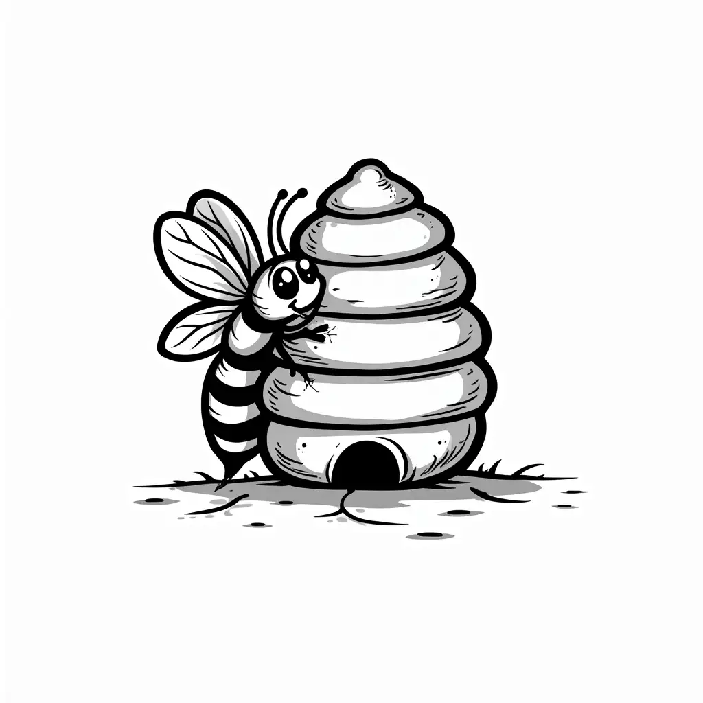 Cartoon-Bee-and-Hive-in-Black-and-White-Outline-Style-Sports-Team-Logo