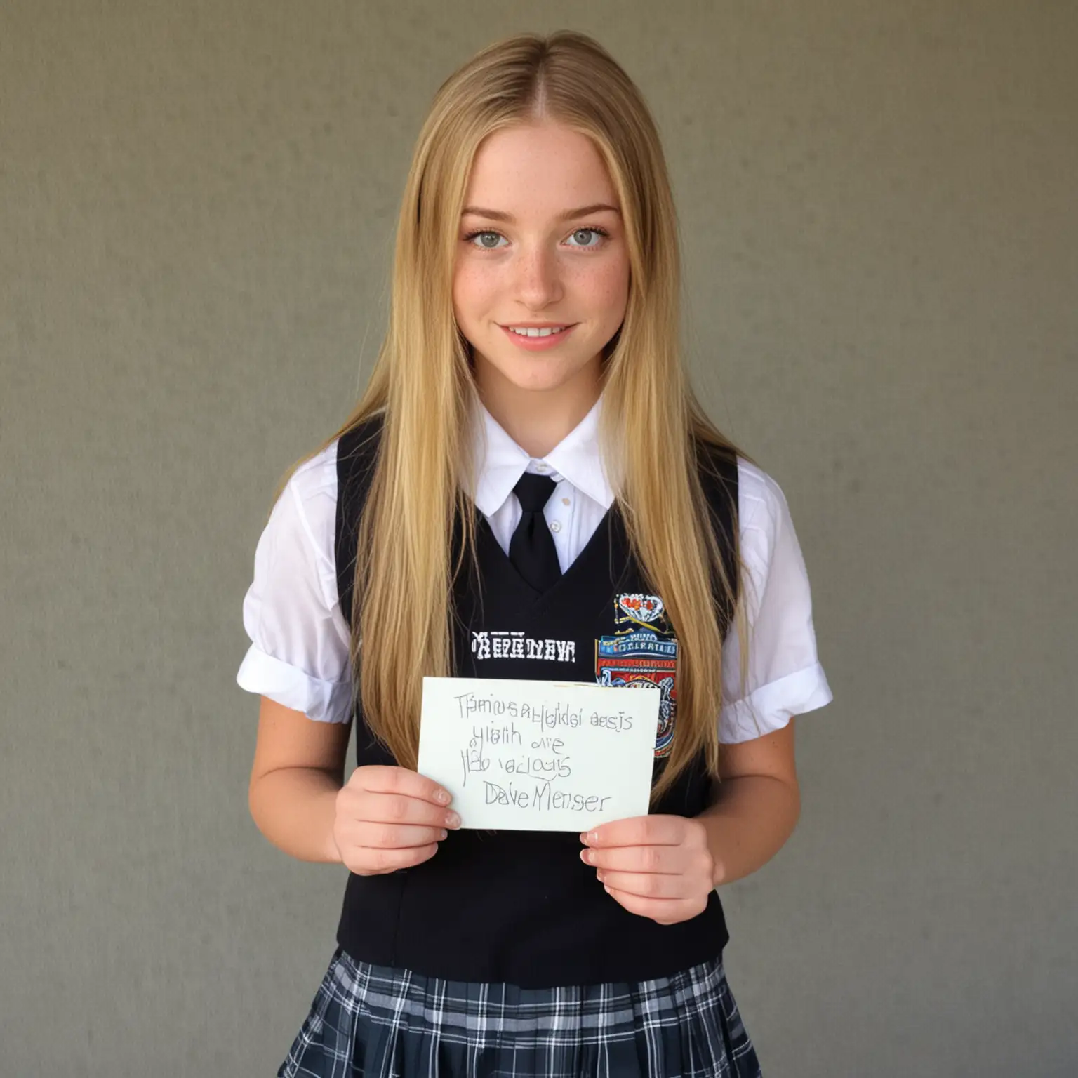 Petite Teen female with very long straight blonde hair, freckles all over. wearing school uniform, short skirt, blouse, vest. holding a card that says Jen loves Dave Meser