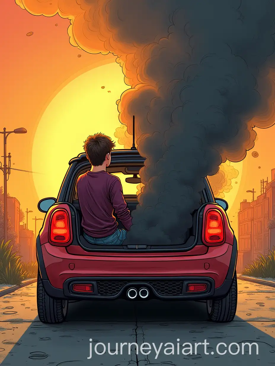 Person-in-Trunk-of-Red-Car-Witnessing-Polluting-Truck-Clearing-Smoke