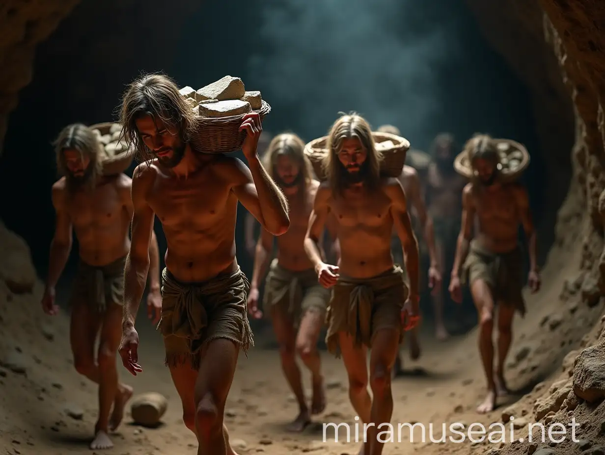 Young Men Enduring Strain in a Damp Cave with Baskets of Rocks