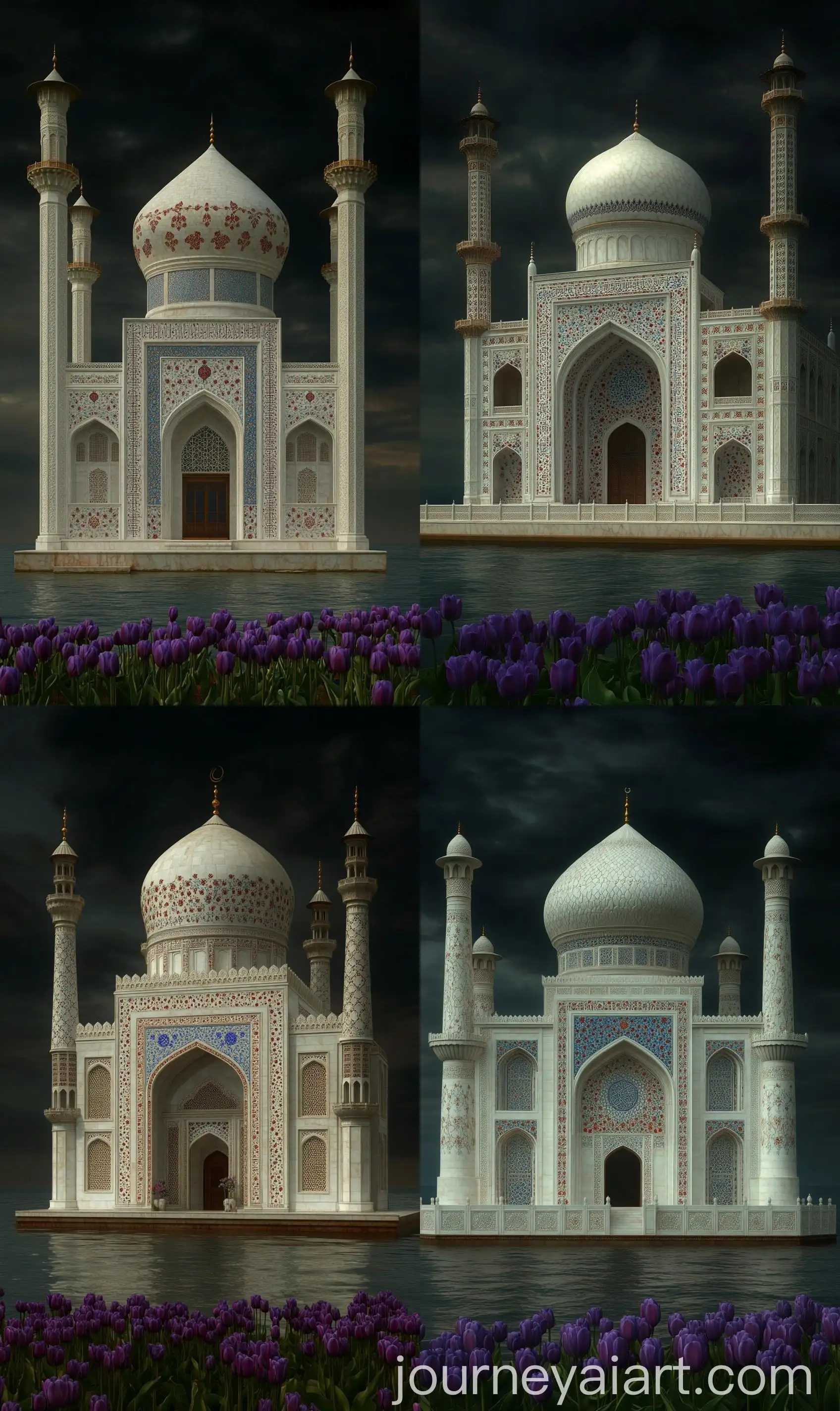 Front-View-of-White-Mughal-Style-Pietra-Dura-Mosque-on-Endless-Ocean