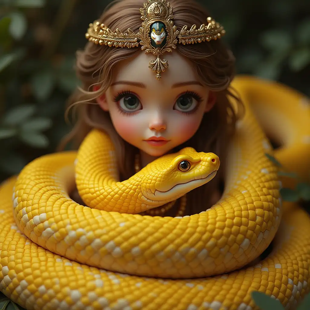 ultradetailledes hyperrealistes photo of a princess with a yellow snake with impeccable attention to texture, surface and lighting, to convey depth, dimension and a photorealistic appearance