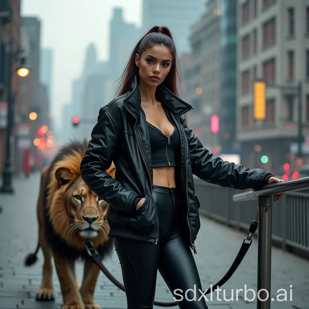 An image of a beautiful woman in a techwear outfit, wearing jet black leggings, with hands in pockets, leaning on a handrail with a big lion on a leash, set in a cyberpunk cityscape, showcasing urban style and futuristic flair