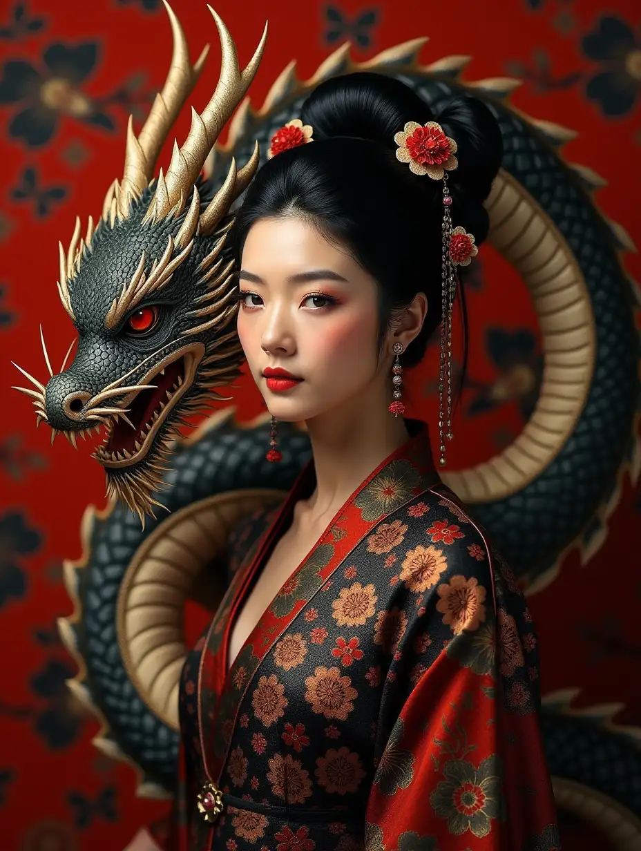 A striking and intense portrait of a regal woman entwined by an elaborate dragon. She stands with an air of authority, dressed in traditional East Asian attire with rich, intricate patterns in shades of deep red and black, adorned with golden floral accents. Her black hair is elegantly styled in an elaborate updo, decorated with delicate red and gold hairpins that add a touch of royalty and mystique. The dragon coils protectively around her, its scales a complex texture of black and ivory with gold highlights, and fierce, red eyes that gleam with intelligence and ferocity. Its head hovers close to hers, displaying sharp, menacing teeth and a determined gaze. The background is a bold red with a black floral pattern, amplifying the dramatic, mythical atmosphere of the scene. The lighting casts a warm glow, accentuating the textures and fine details of both the woman’s attire and the dragon’s scales, creating an atmosphere of ancient power and mysticism.