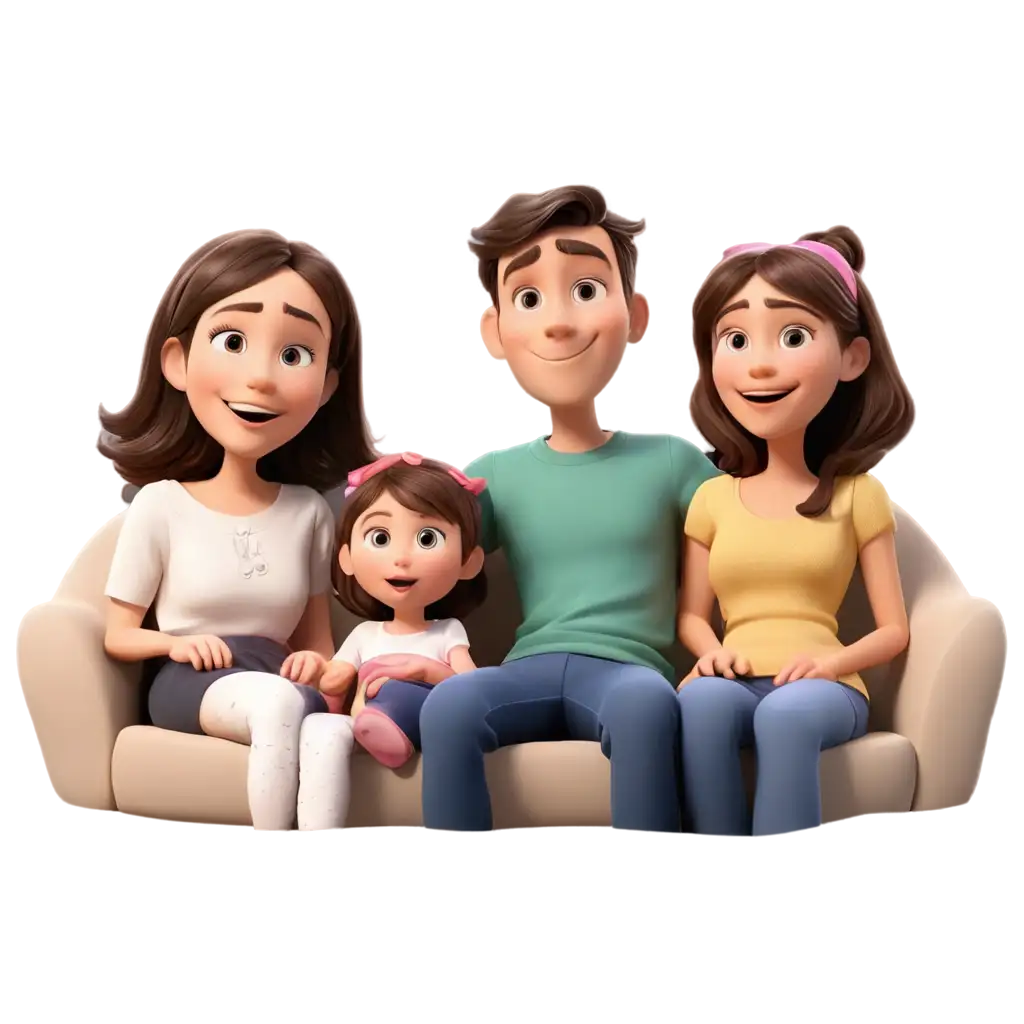 Happy-Parents-with-Son-and-Daughter-Watching-3D-Cartoon-Disney-Style-PNG-Image