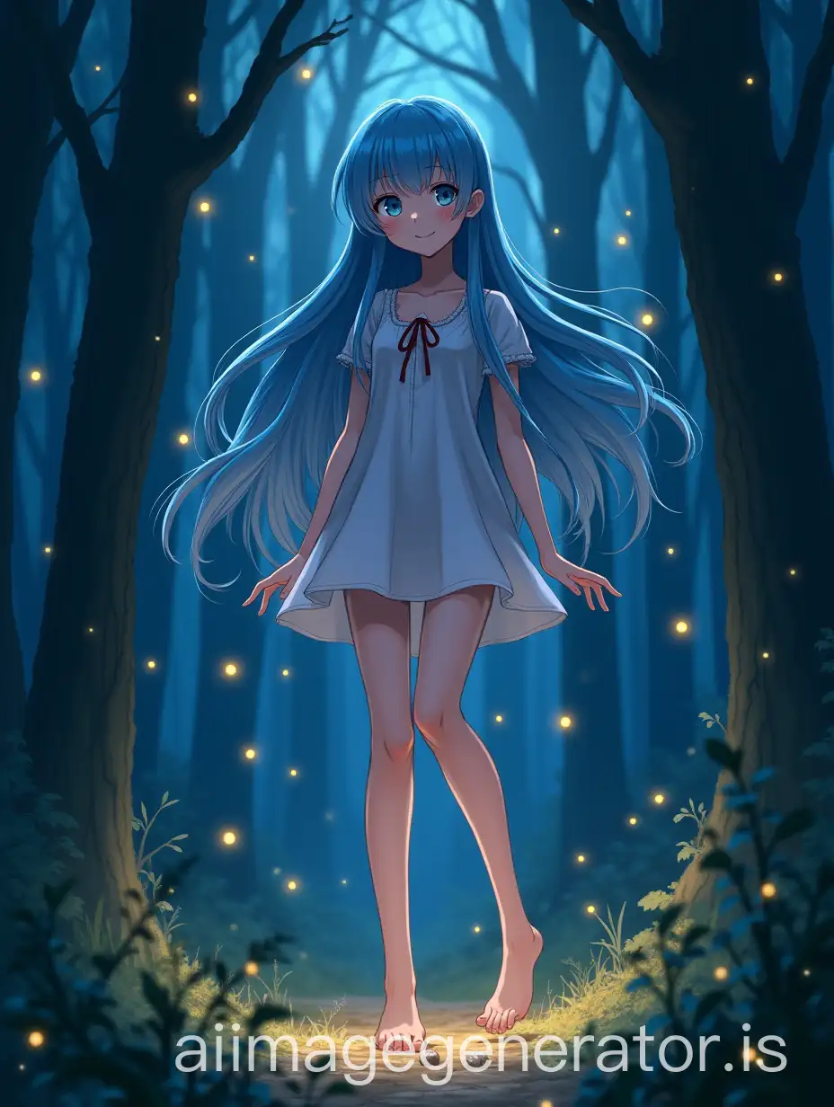 A manga girl with long blue hair, full face, sweet smile, long legs, and fireflies flying around her in the forest