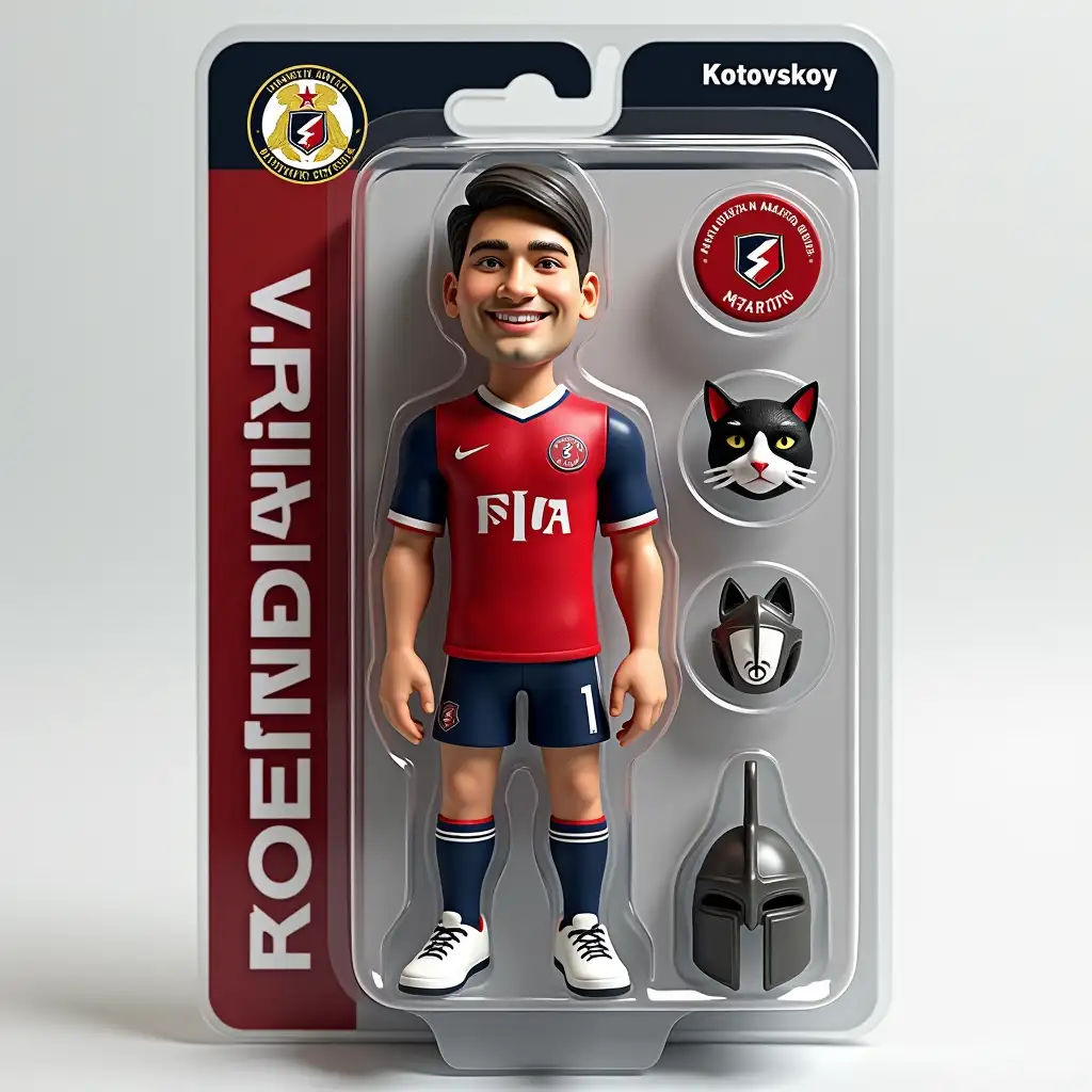 Use this photo of me to create an action figure of myself in a blister pack, in the style like a premium collectible toy. The figure should be standing up and have a relaxed, friendly smile. The blister pack should have a header with the text ‘[AndreyBarinov]’ in large letters and a subheading of ‘[Kotovskoy]’ below it. Include accessories in compartments to the side of the figure: emblem of FC Spartak Moscow, Black and white cat, viking helmet.