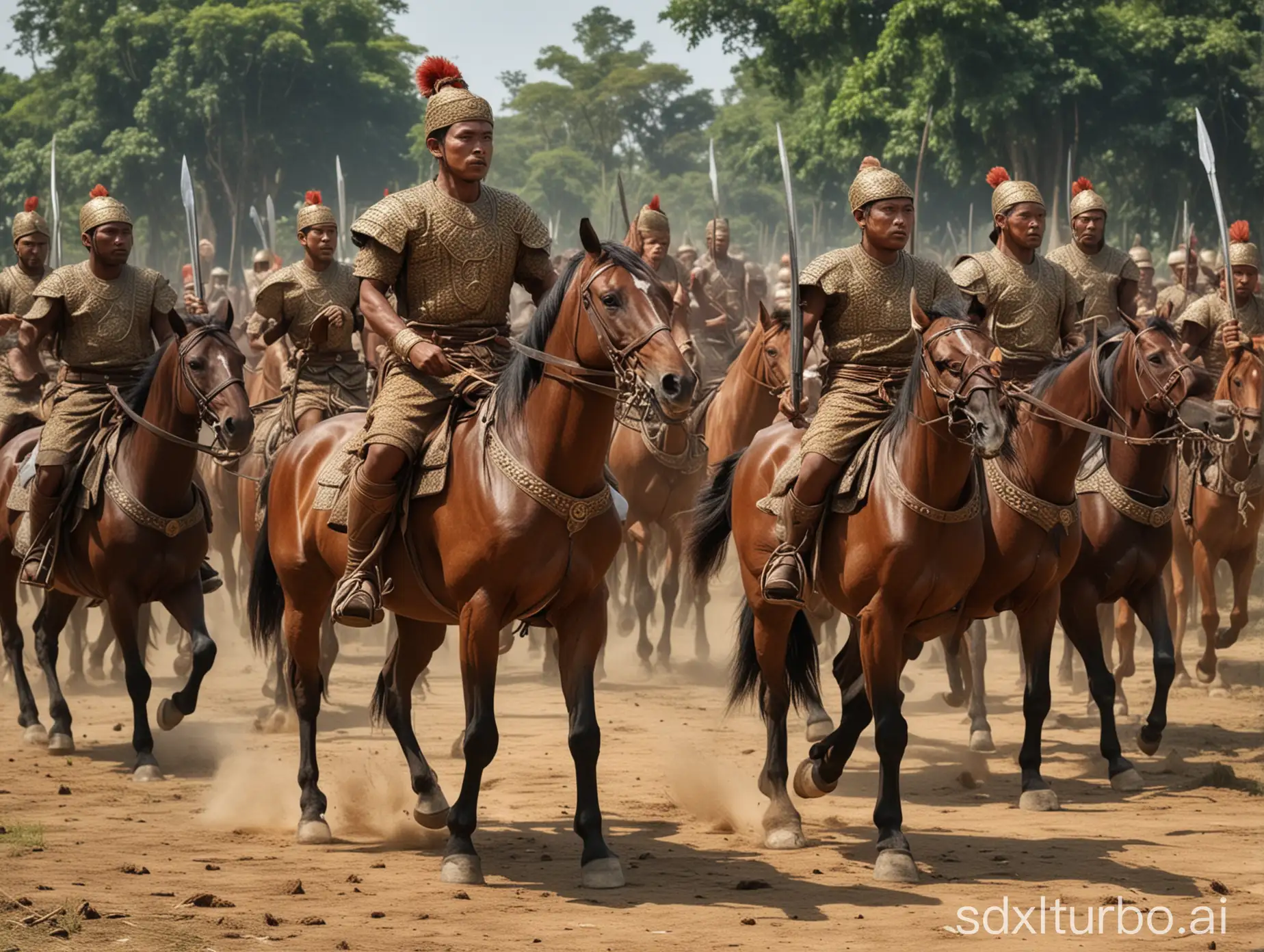 many soldier with a large athletic body like an ancient Javanese king, was seen riding horses in front of the ancient kingdom of Majapahit carrying a large sword.