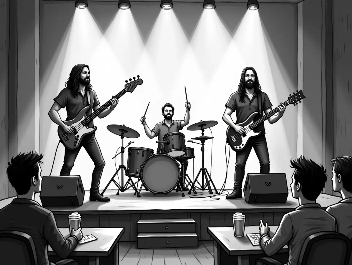 A black & white cartoon picture of 3 rock musicians on a stage with spotlight, playing rock music in front of an audience that are sitting at tables drinking beer and listening to the rock band. A base player playing a base guitar. An electric guitar player. An drum player playing on drums.