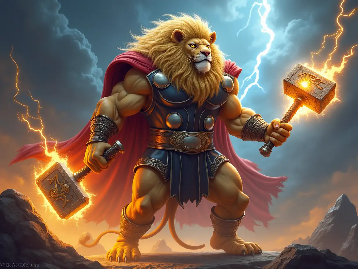 A majestic hybrid creature combining features of Thor, the Norse god of thunder, and a lion. The being has the muscular build of Thor, with a lion's head adorned with a flowing golden mane that resembles Thor's hair. The creature wields a glowing, thunderous Mjölnir hammer in one paw, while its other paw is a massive lion's claw. Its body is covered in a mix of divine armor and fur, radiating power and regality. Lightning crackles around the hybrid, with stormy clouds and a vibrant Asgardian backdrop in the distance.