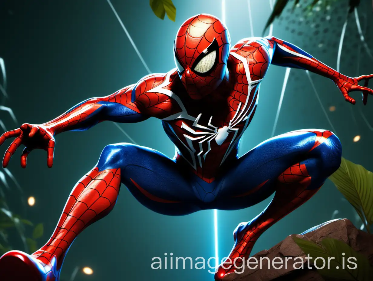 A unique and dynamic character design featuring a mix of Spider-Man and cheetah attributes. The character has the sleek agility of a cheetah, with spotted fur integrated into the design of a superhero-like suit inspired by Spider-Man's red and blue webbed patterns. The setting is a jungle with vibrant lighting, highlighting the character in a powerful, mid-action pose, symbolizing speed, strength, and heroism