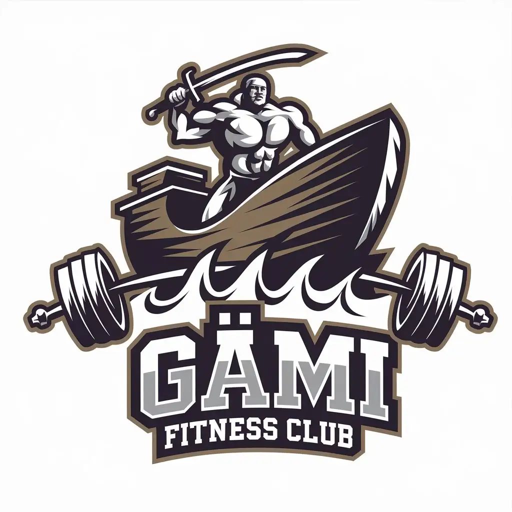 LOGO Design for GMI FITNESS CLUB Bodybuilders with Sword on Ship Theme