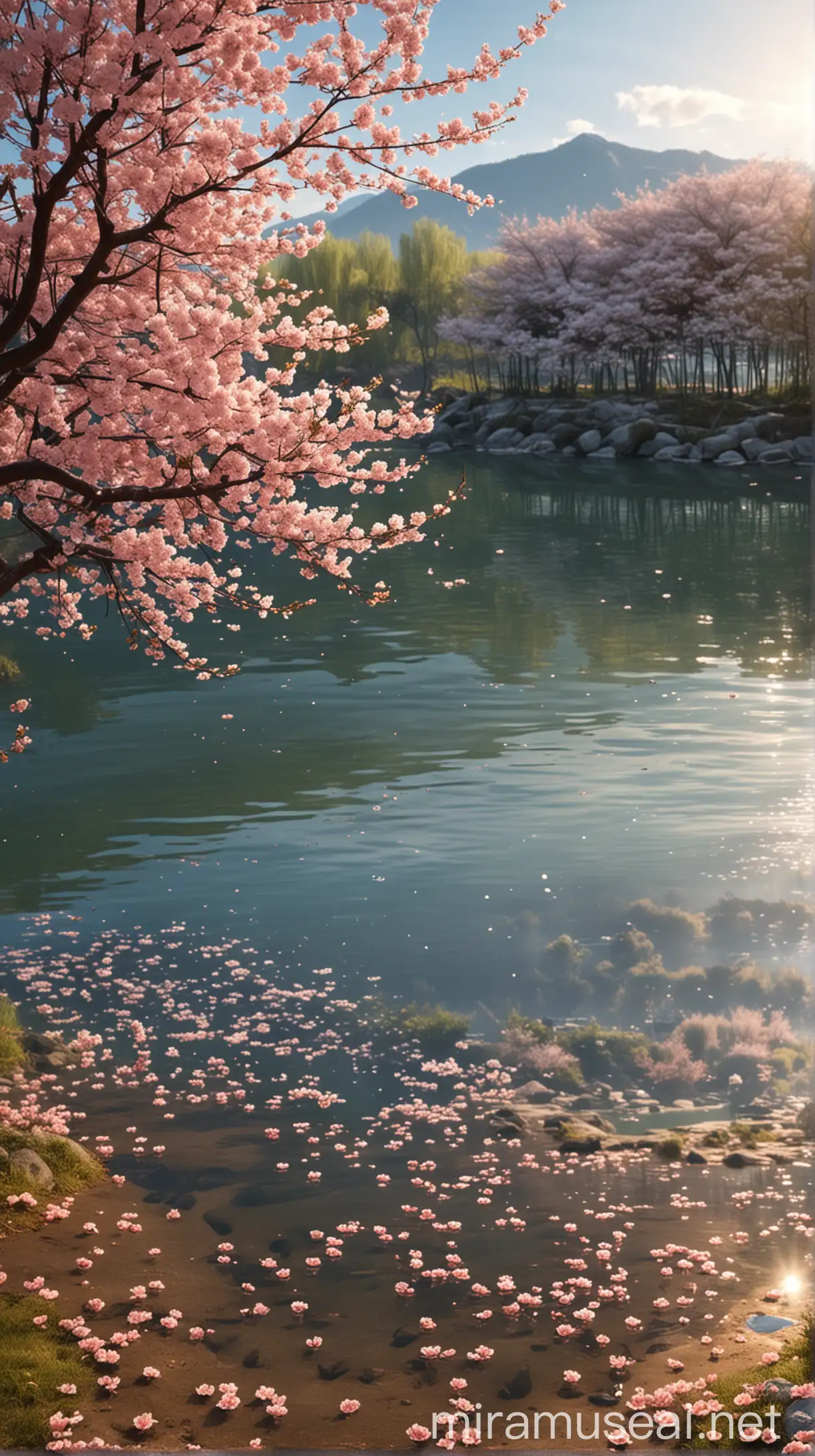 Daytime Cherry Blossom Lake Scene with Glowing Sunlight