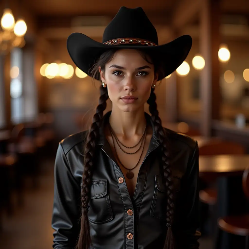 Black cowboy girl with hat,leather band,necklace,long braided hair,leather black brown blouse,copper buttons in the saloon