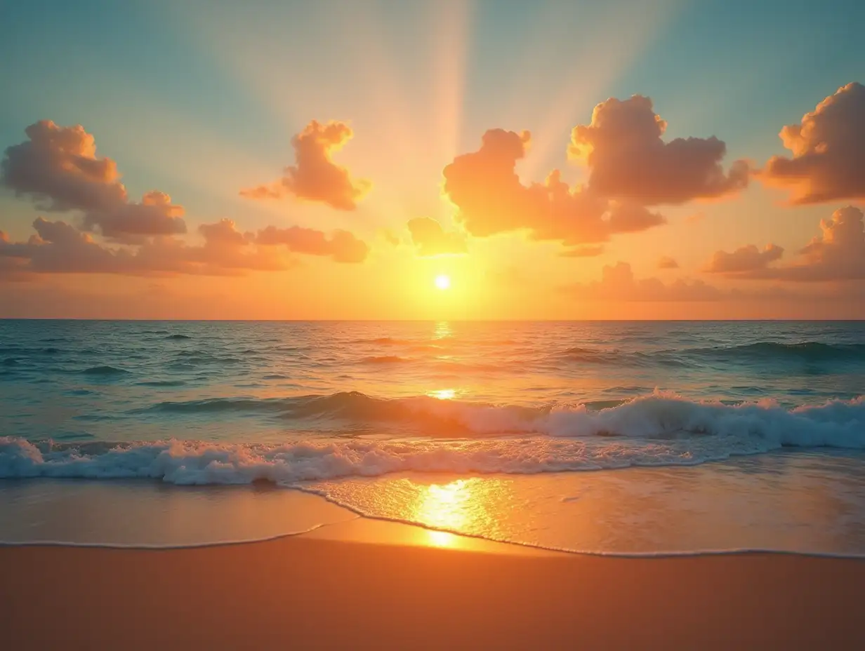 Beautiful sunset horizon sea or ocean. Vibrant soft colors magic sunlight. Small clouds yellow golden sky, reflection of sun water sand on beach. Peaceful romantic vacation in tropical island paradise