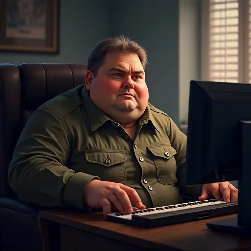 fat boris khorek plays war thunder clicking with his thick fingers on the keyboard