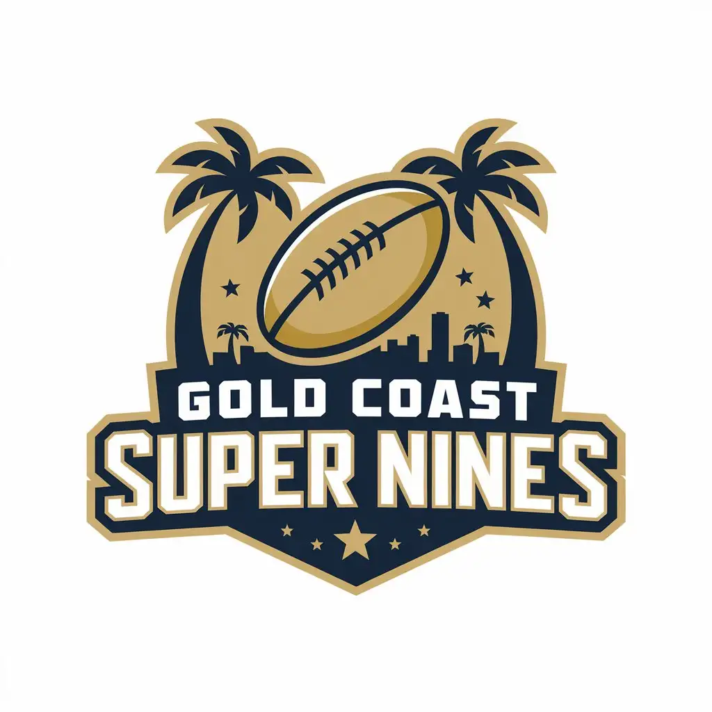 LOGO Design for Gold Coast Super Nines Bold Retro Style with Gold Navy Blue Palm Trees Rugby Ball and City Skyline