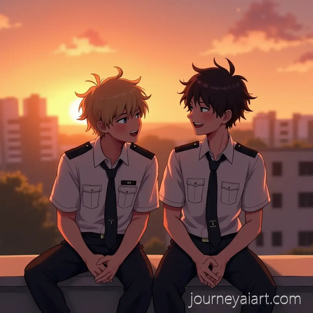 Two-Best-Friends-on-College-Rooftop-at-Sunset-One-Laughing-One-Smiling-in-Uniform