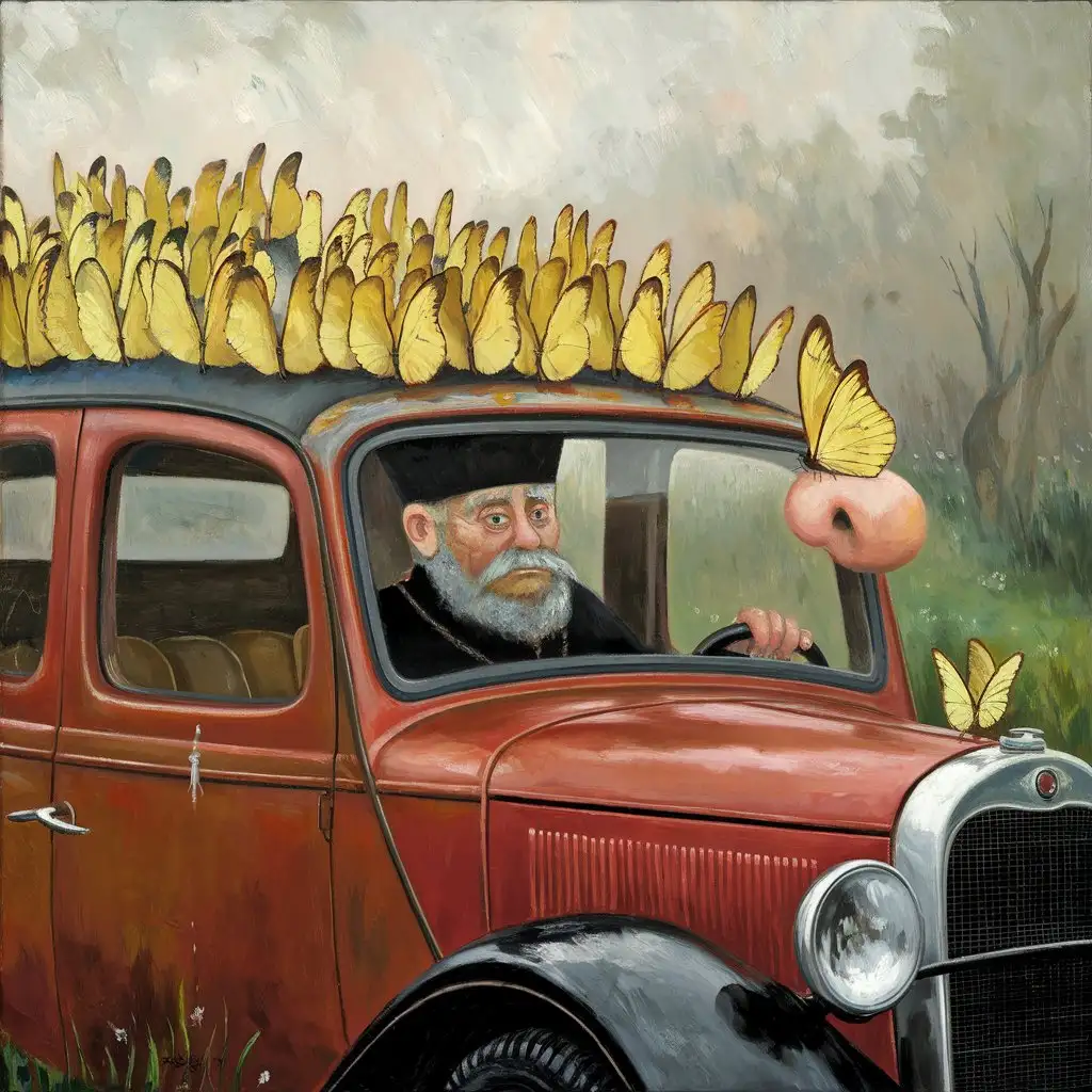 Old-Priest-with-Grey-Beard-Driving-Red-Car-Surrounded-by-Yellow-Butterflies-in-Foggy-Weather