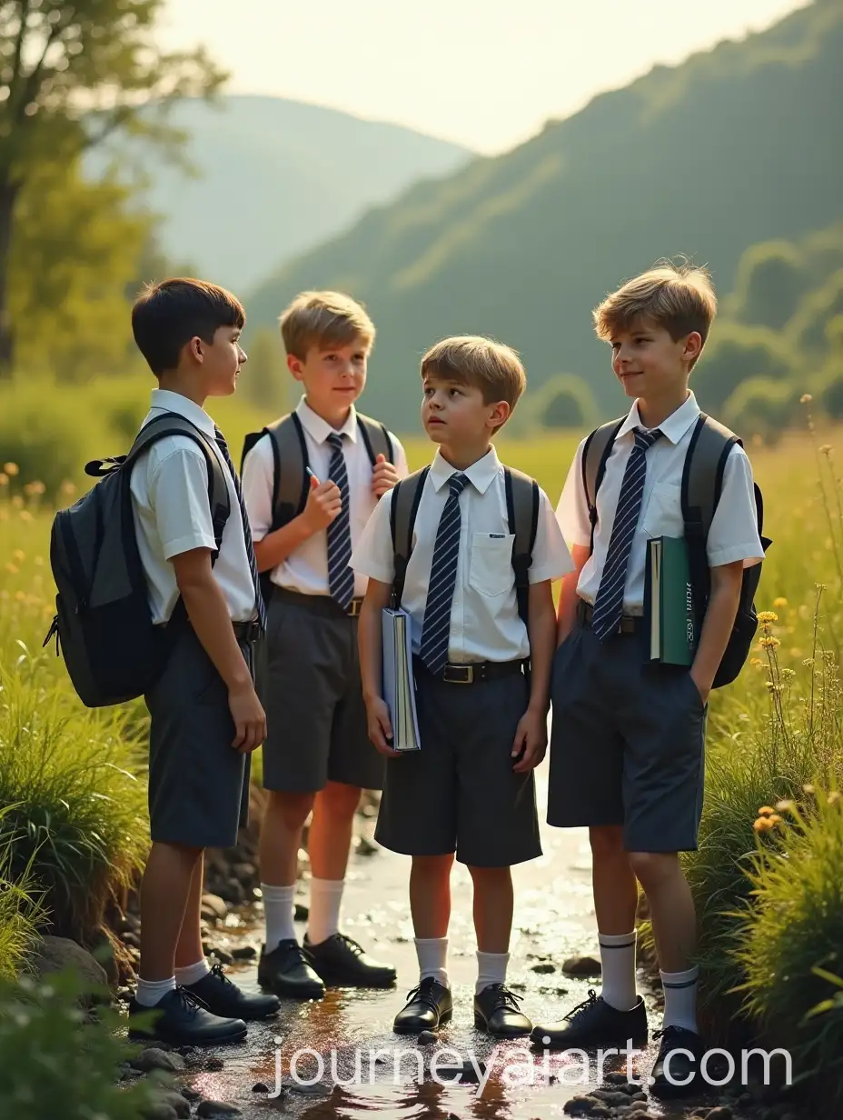 Group-of-Schoolboys-in-Uniforms-Reflecting-by-a-Shallow-Stream-in-Nature