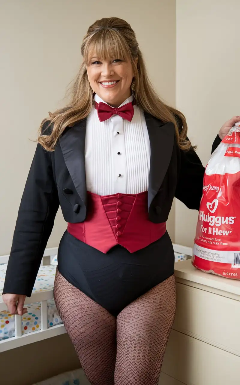 Caucasian-Woman-in-Formal-Tuxedo-with-Huggies-Diapers-in-Nursery-Setting