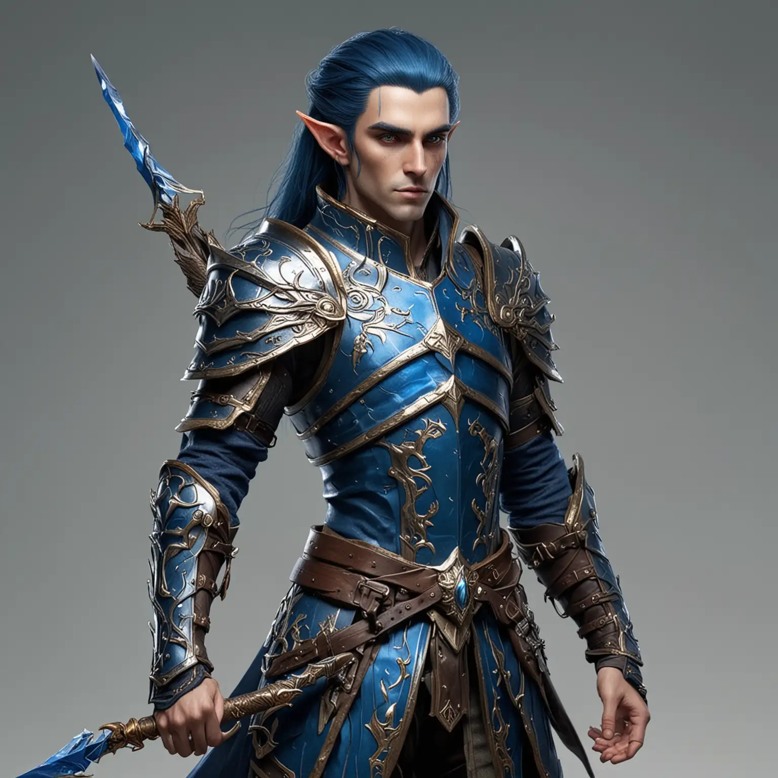 Noble High Elf with Blue Hair and Floating Spear in Magical Armor