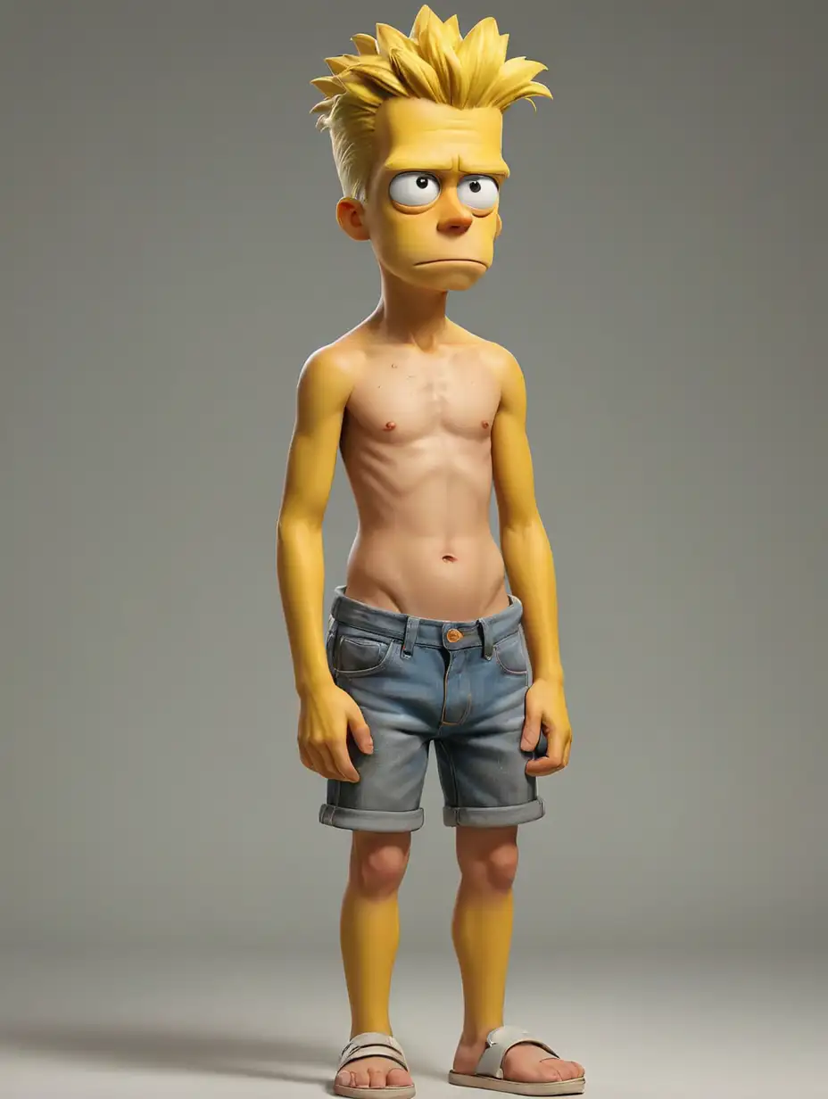 full body 10 years old  bart simpson as a realistic person, shirtless