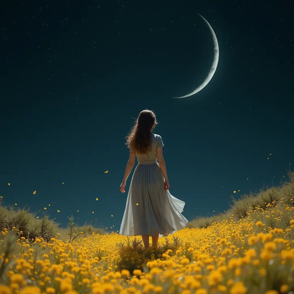 female adventurer wearing a nice gray dress is really slaying while traveling through space in front of a thin crescent moon, on a yellow flowered carpet, with a backdrop of a mysterious night full of fireflies flying in the night sky, under a starry dark night sky