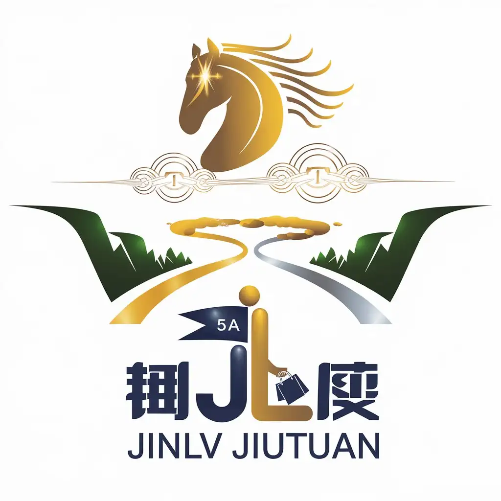 a vector logo design,with the text "Jinlv Jiutuan", main symbol:Option 3: Integrated elements
Layout: Divide the picture into two parts. The upper part is an abstract golden horse, the body of the horse is framed by the outline of the golden horse mountain, and the horse's mane is represented by several fluttering lines, as if running in the wind. The horse's eyes are two glowing energy symbols that highlight energy features.
Bottom half: A golden curve is used to represent the cloud energy sky path, and the sides of the sky path are drawn with dark green lines to draw the shape of the canyon stream. In the middle of the heavenly path, there is an abstract combination of "JL", "J" is a flag-like shape with "5A" written on it, and "L" is an abstract shape of a tourist holding a shopping bag in his hand, embodying elements such as "travel, play, and shop".
Color matching: Golden Horse and Energy symbols are gold, Heavenly Road is gold and silver gradients, and other natural elements are green and blue, forming a sharp contrast and rich layering.,Minimalistic,be used in Travel industry,clear background