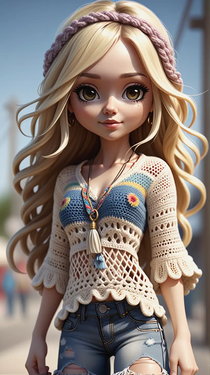 Realistic Chibi Illustration of a Young Blonde Woman in Bohemian Fashion