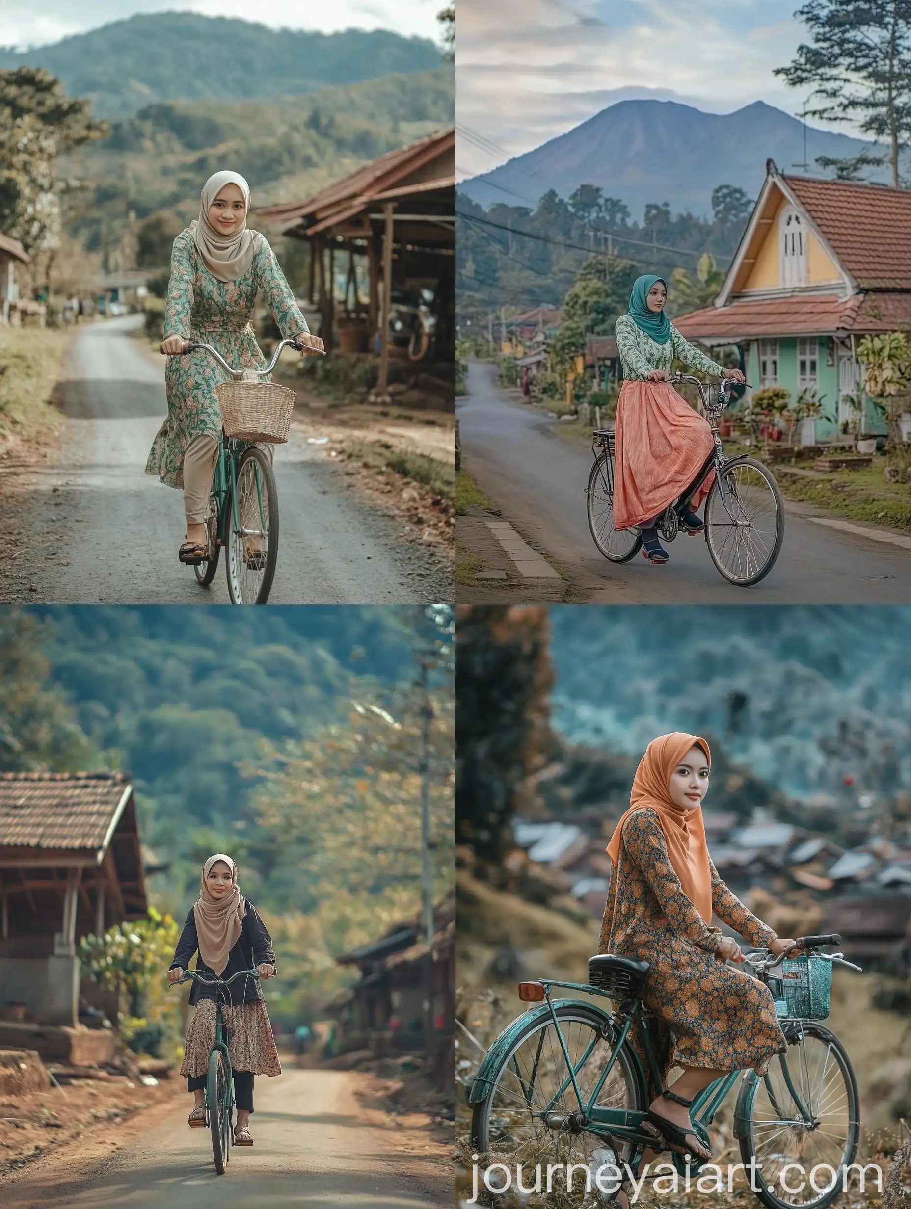 Beautiful-Indonesian-Woman-Riding-Bicycle-in-Village-with-Mount-Semeru-View