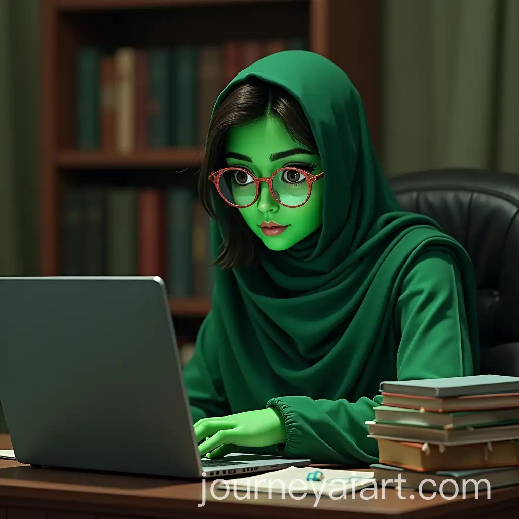 Islamic-Female-Green-Hulk-Studying-on-Computer-Surrounded-by-Books