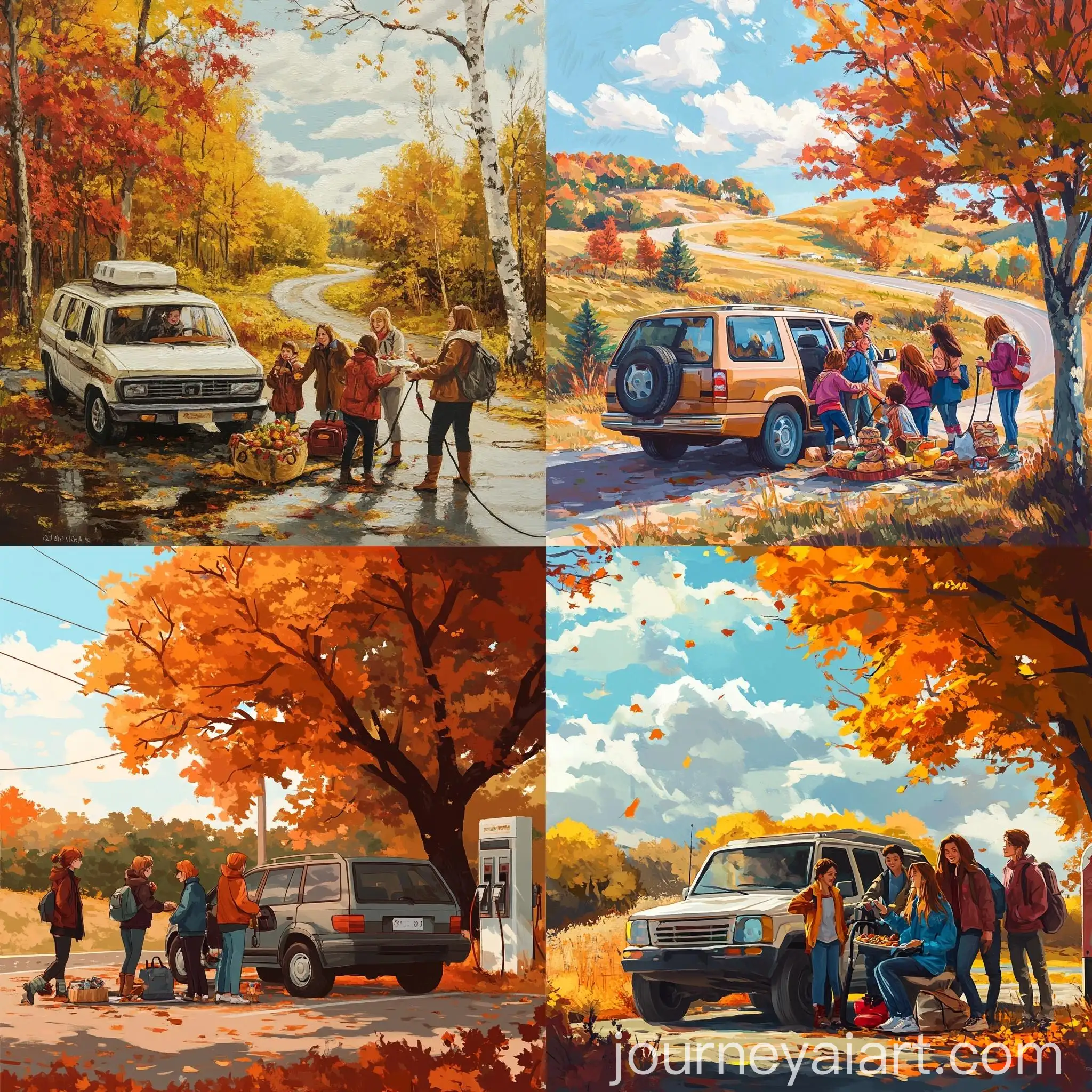 Cheerful-Slavic-Young-People-Fill-SUV-at-Gas-Station-for-Autumn-Picnic