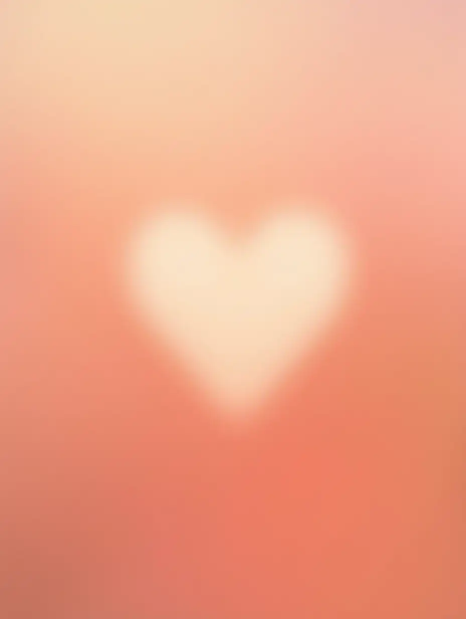 Generate an image of dreamy, faded, blurry, soft pastel colours of warm pink, peach, coral, orange blending into each other in a haze with a soft, blurry, heart shape negative space. Inside the blurry heart-shaped negative space is a small, abstract, human figure silhouette. The atmosphere is ethereal and calming with smooth gradients and a soft focus effect, depicting the heart as a sort of warm, loving, nurturing, safe place for the human figure silhouette. The image size should be 700×1000 mm in 150 dpi resolution and jpeg format.