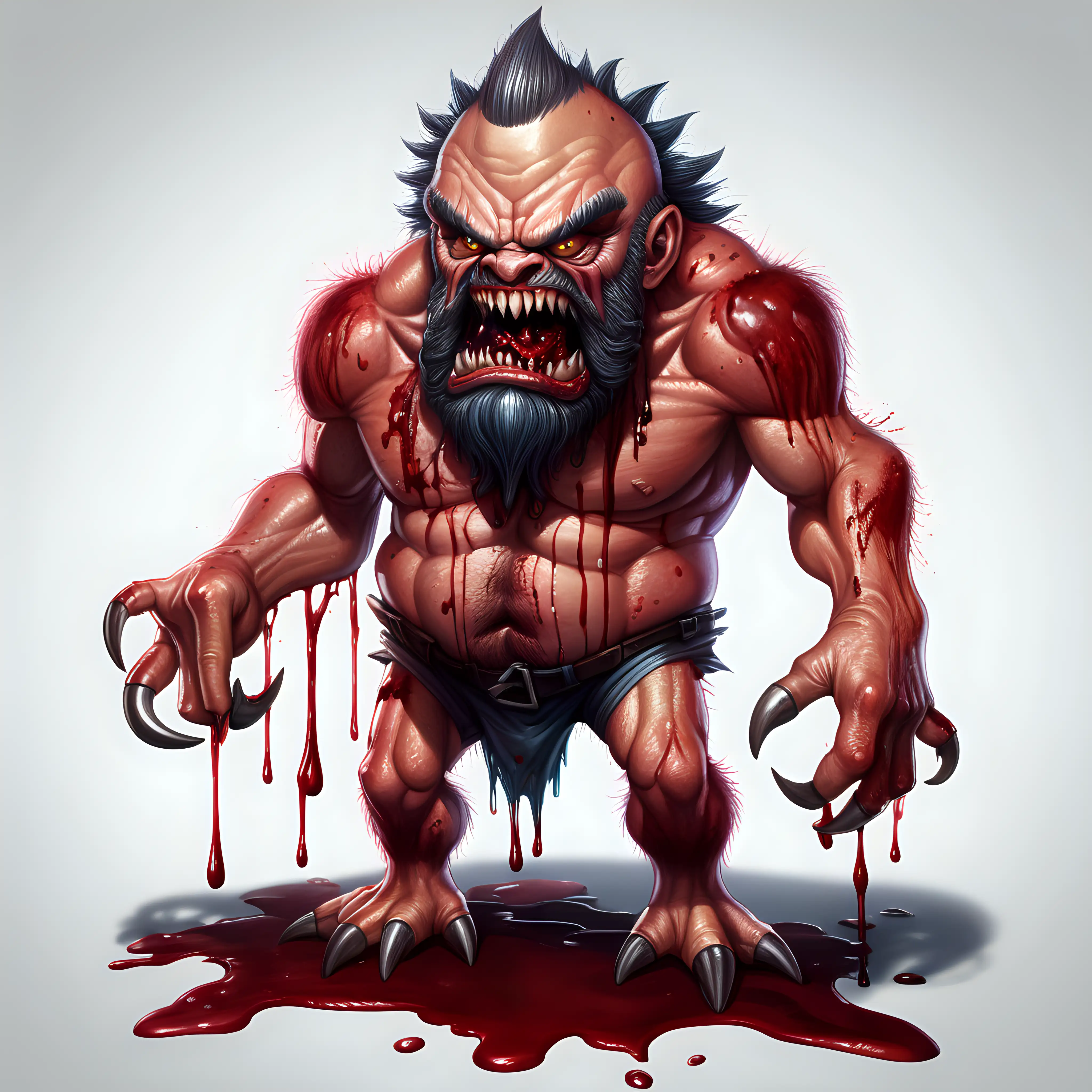 a midget monster Oolmpa Loompa with sharp teeth, dripping blood protruding forehead and a mean scowl and a beard full body view