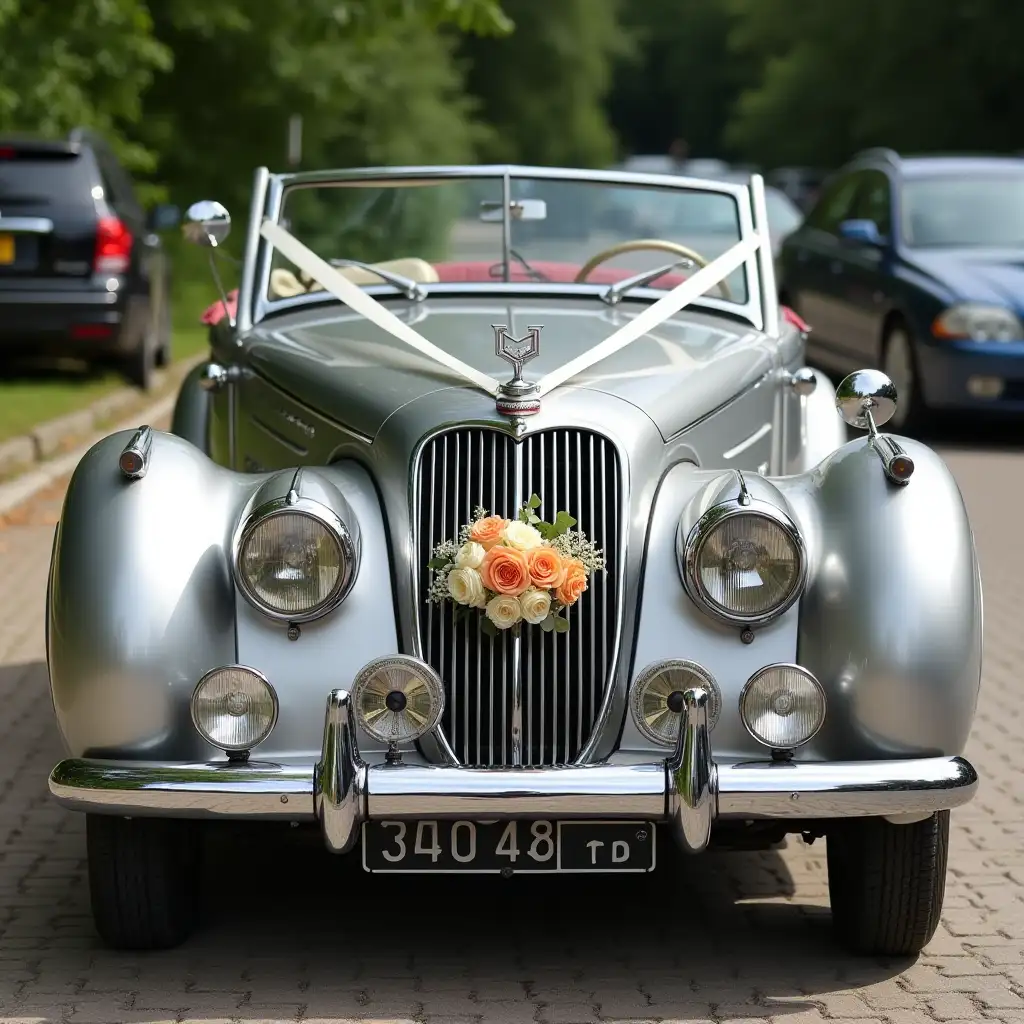 A vintage, silver-gray convertible car, with a bouquet of peach, cream, and light orange roses and other flowers adorning the front grille, parked on a paved surface, featuring a slightly out-of-focus background of greenery and other cars in a parking lot.