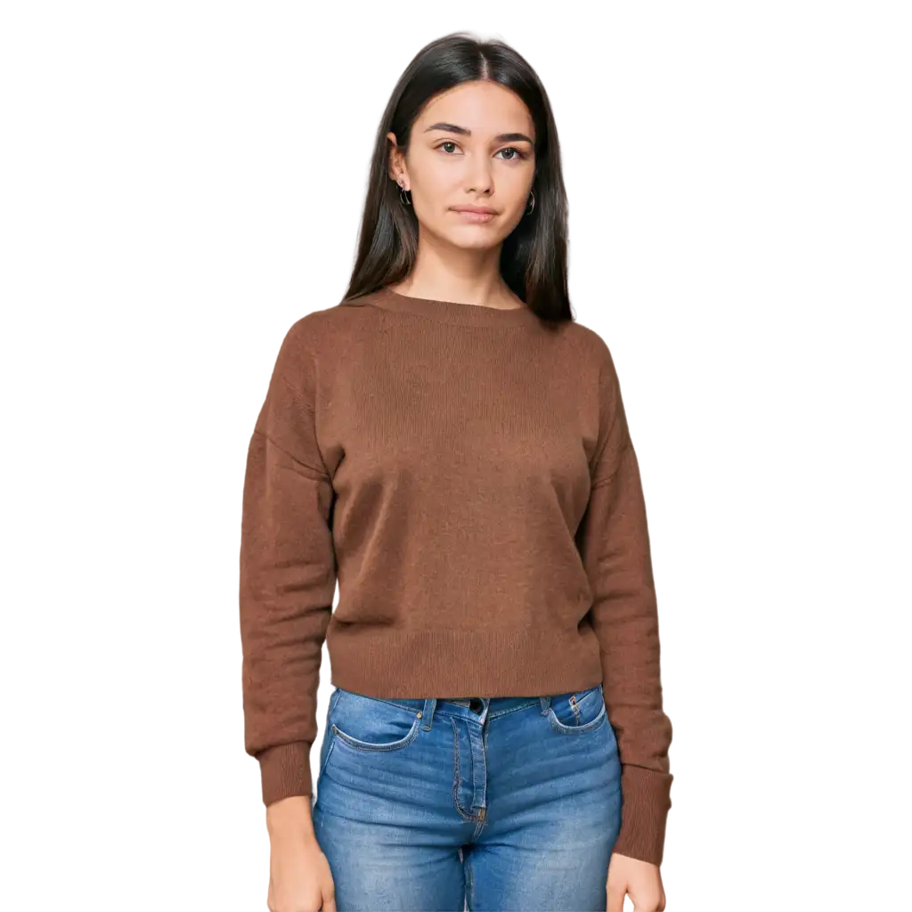 Slender-Adult-Girl-in-Stylish-Brown-Sweater-with-Slumped-Shoulders-PNG-Image-for-Versatile-Use