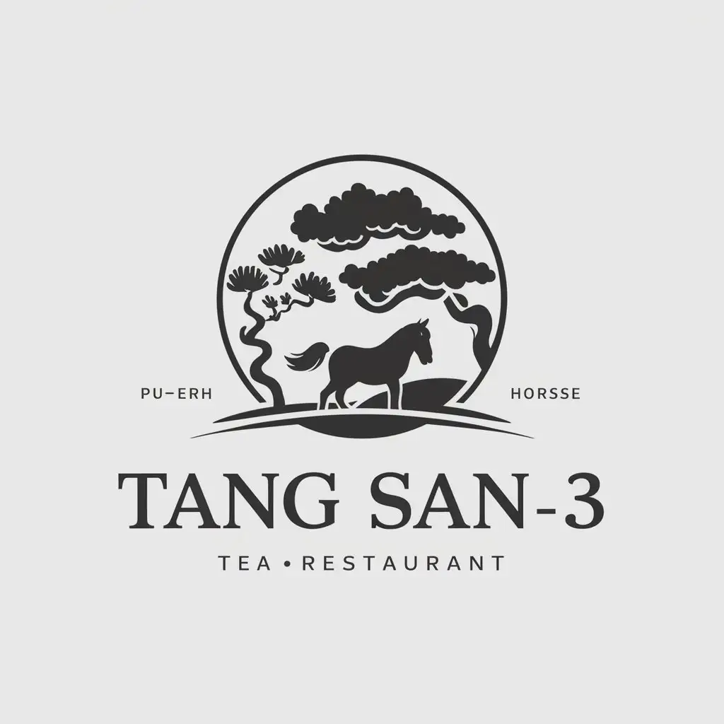 a vector logo design,with the text "Tang San3", main symbol:Pu-erh tea, tea trees, and horse,Moderate,be used in Restaurant industry,clear background