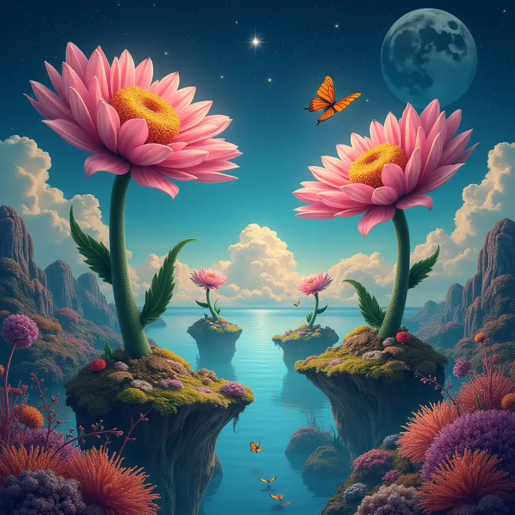 Surreal scene featring giant flowers sprouting from floating islands with an interesting blend of coral reefs,butterflies,and stars