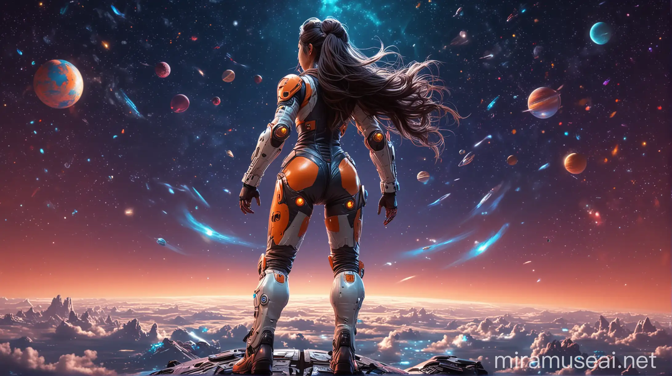 Futuristic Fitness Woman in a Colorful Night Sky