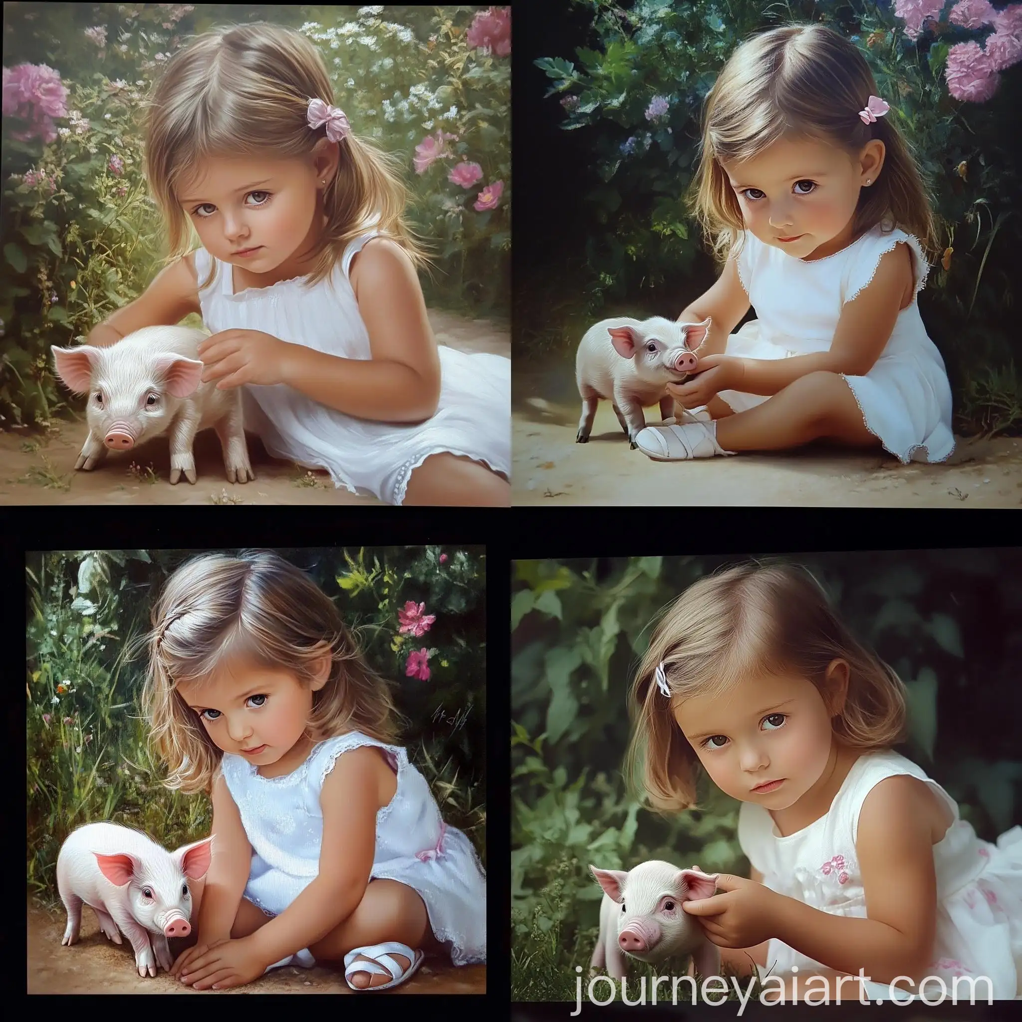 Little-Girl-Playing-with-Piglet-in-Garden-Cute-White-Dress-Sandals