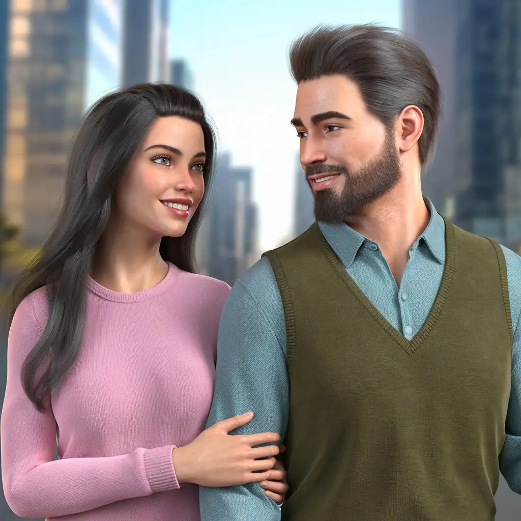 Realistic-Portrait-of-a-Woman-with-Dark-Hair-and-a-Bearded-Man-Laughing-Together-in-3D