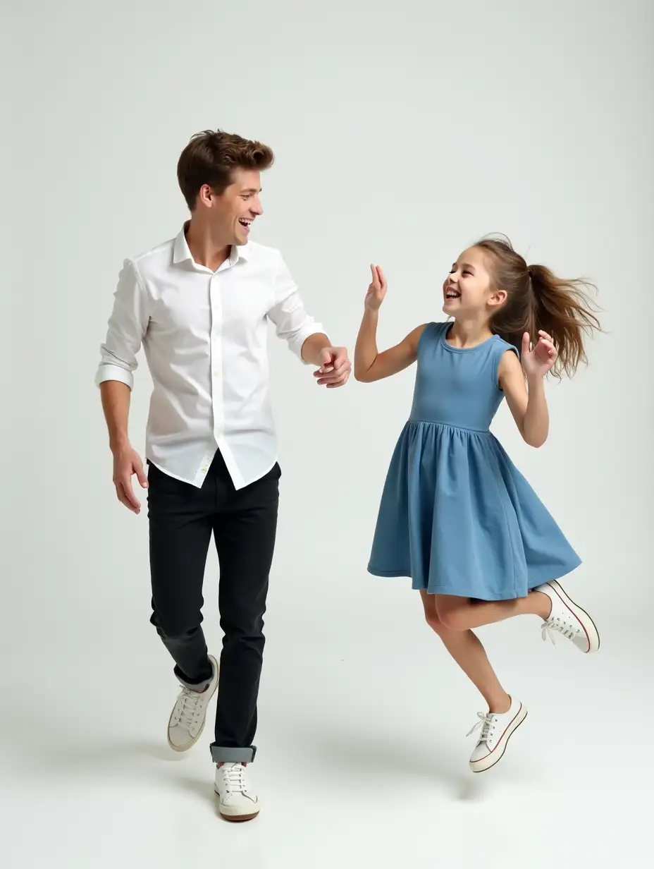 A clean-shaven young man of 16 in a white shirt and black pants is smiling and jumping up. A girl of 16 in a blue dress is smiling and jumping up next to him.