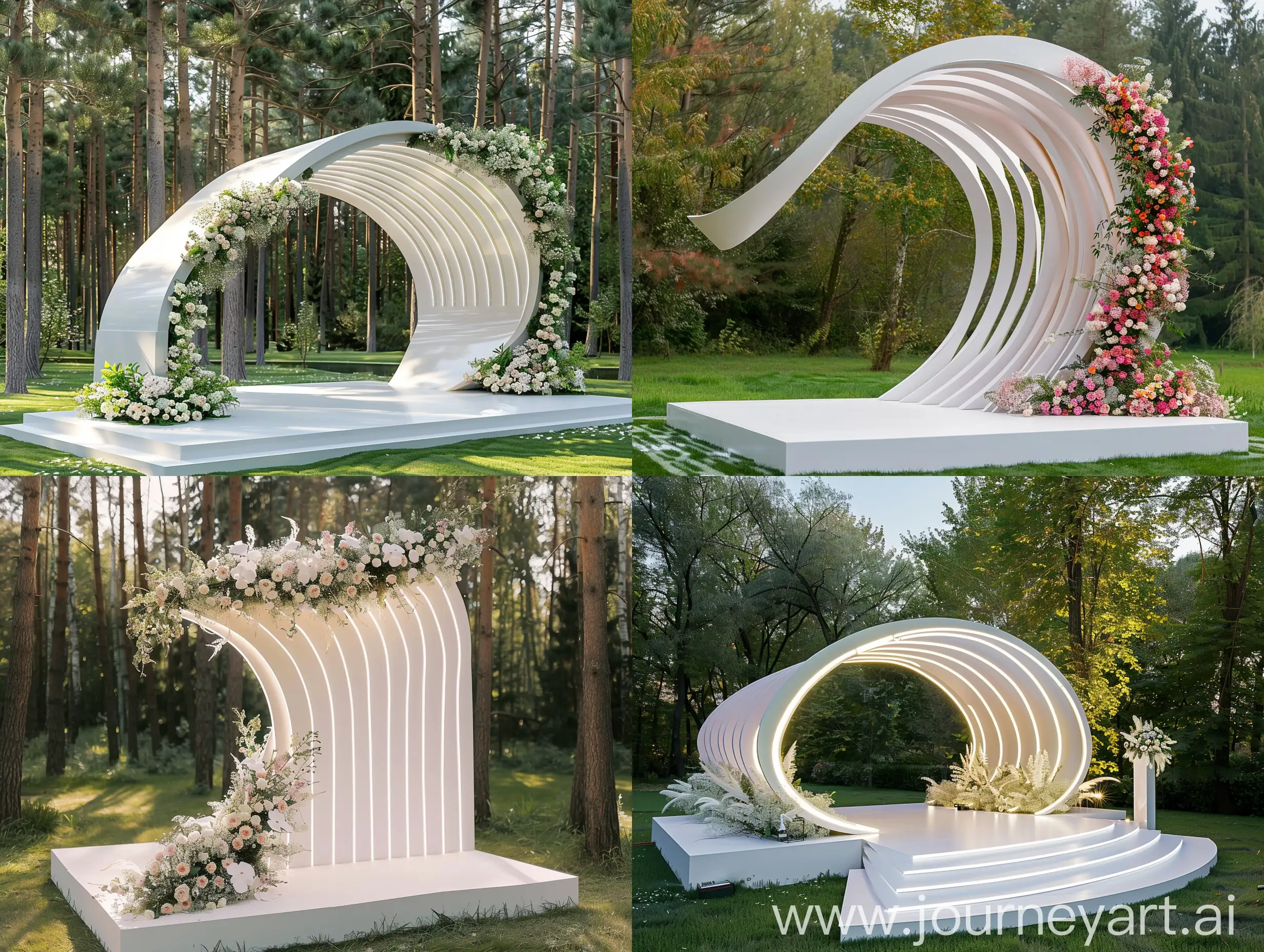 Futuristic-Wedding-Ceremony-Arch-with-Neon-Flowers-on-Forest-Lawn