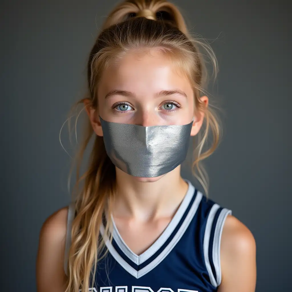 High school cheerleader with silver duct tape over her mouth, wearing a navy blue and silver cheer uniform