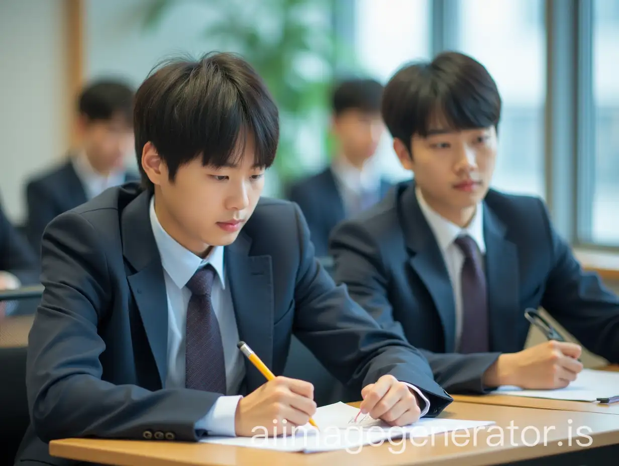 Two-Korean-Male-Students-Taking-an-Exam-in-School-Uniform